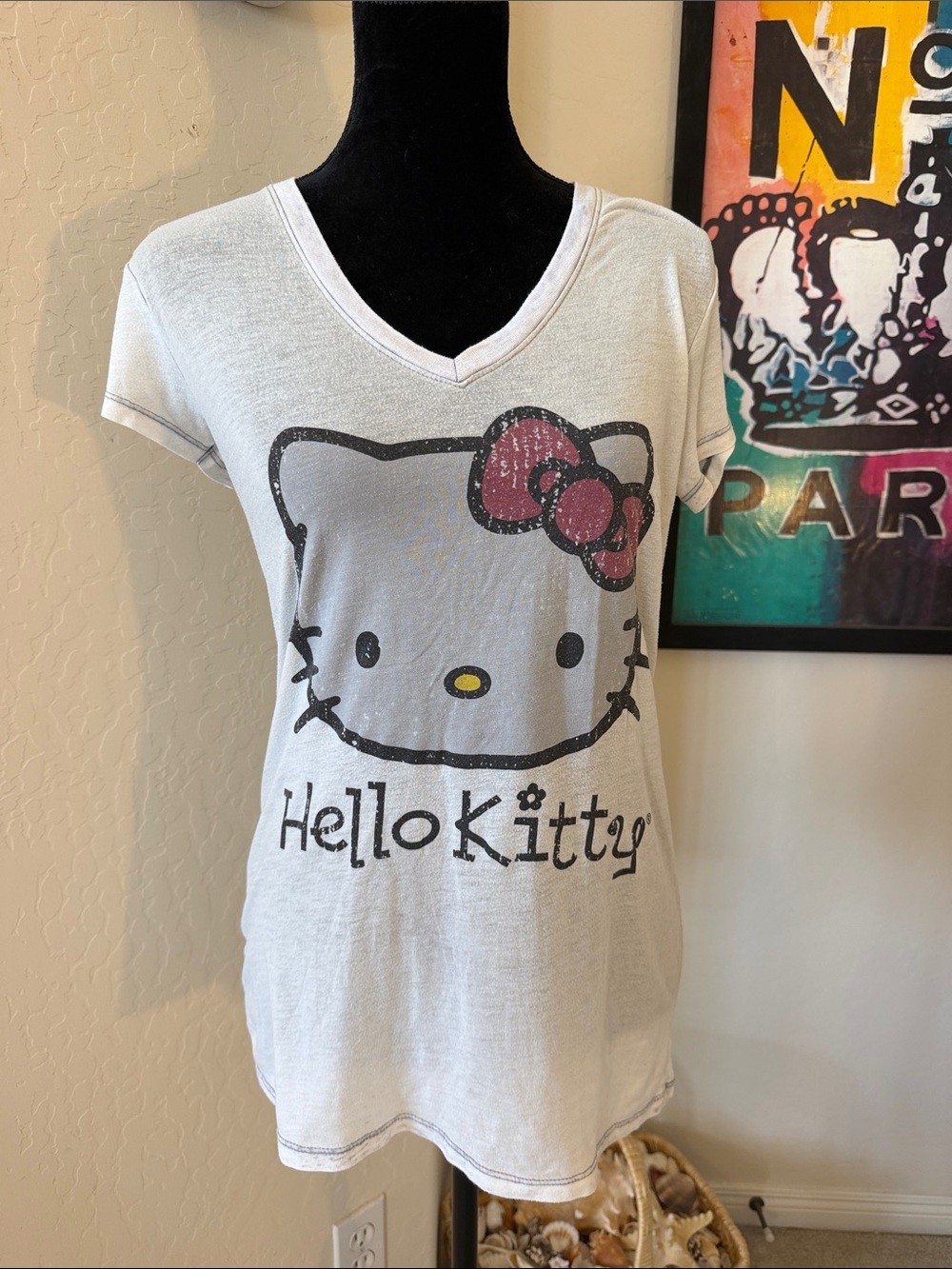 Hello Kitty Light Gray Short Sleeve V-Neck Sheer Tee with Pink Bow Graphic